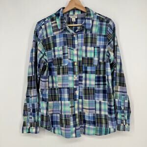 L.L. Bean Madras Button Blouse Top Womens M Blue Patchwork Plaid Roll Tab Sleeve
